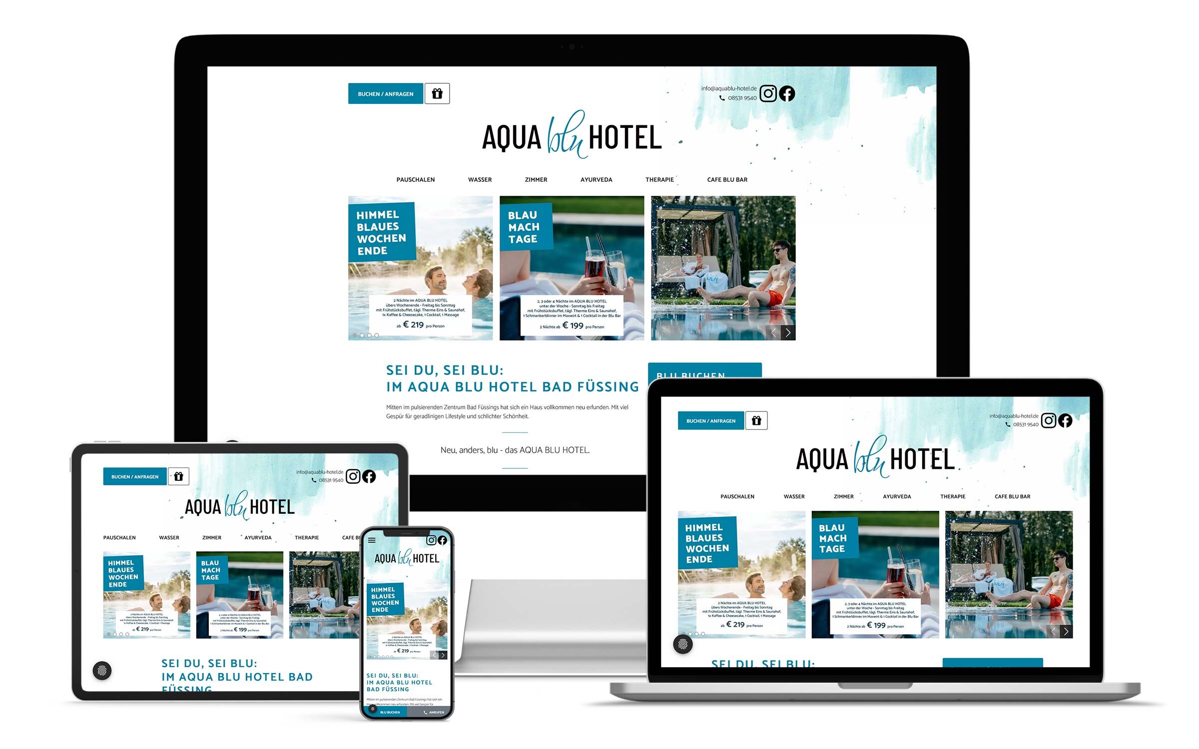 Responsive Webdesign für das AQUA BLU HOTEL. Ansicht auf unterschiedlichen Geräten.